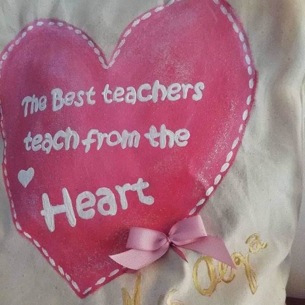 Δώρο για την δασκάλα - Πάνινη τσάντα ζωγραφισμένη με καρδιά - ώμου, πάνινες τσάντες, φθηνές - 3