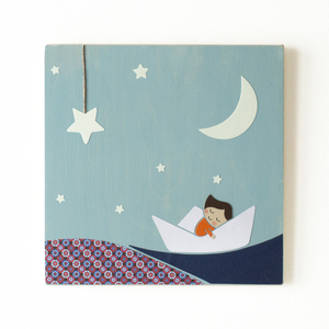 "Κορίτσι που κοιμάται" παιδικός ξύλινος πίνακας, 24x24 εκ - πίνακες & κάδρα, κορίτσι, όνομα - μονόγραμμα, αστέρι, δώρα για βάπτιση, προσωποποιημένα