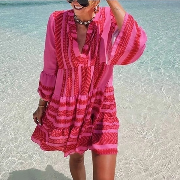 Φόρεμα με boho σχέδια-Pink boho - βαμβάκι, ριγέ, mini, boho - 2