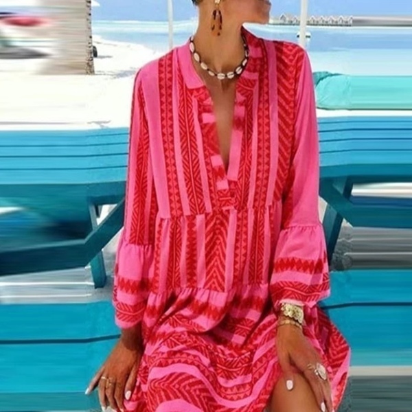 Φόρεμα με boho σχέδια-Pink boho - βαμβάκι, ριγέ, mini, boho - 3