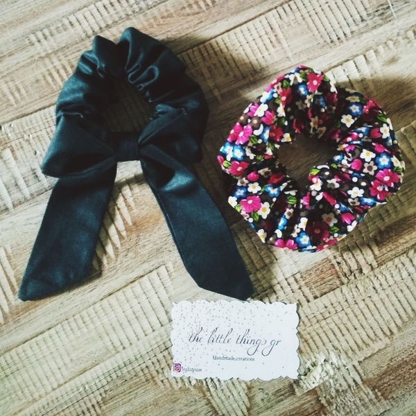 Σετ λαστιχάκια μαλλιών/ scrunchies με μαύρο φιόγκο και floral μοτίβο. - μαλλιά, φλοράλ, λαστιχάκια μαλλιών - 2