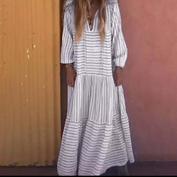 Loose stripe- maxi βαμβακερό φόρεμα - ριγέ, boho - 2