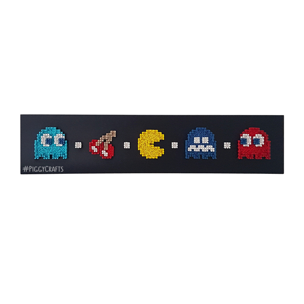 Διακοσμητικό με καρφιά & κλωστές "Pacman" 46x10cm - ξύλο, ρετρό, διακοσμητικά