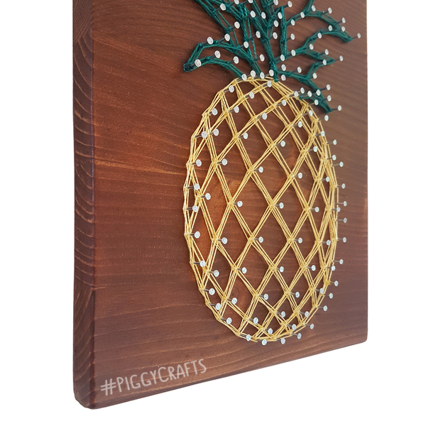 Ξύλινο κάδρο με καρφιά & κλωστές "Pineapple" 30x20cm - ξύλο, πίνακες & κάδρα, ξύλινα διακοσμητικά τοίχου - 4