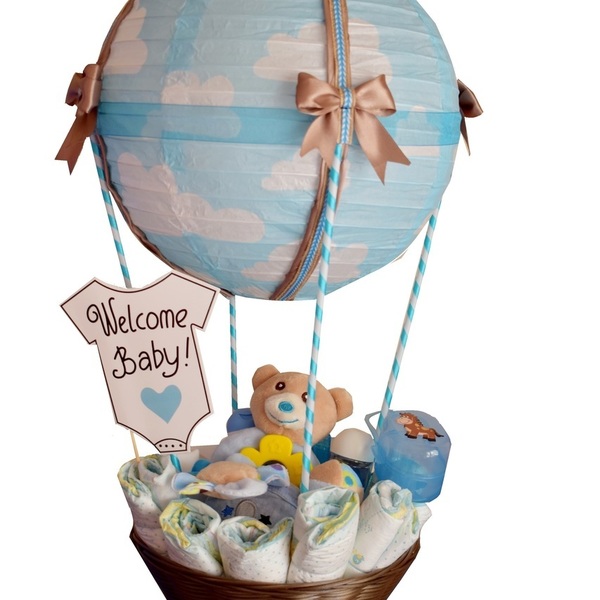 Diaper Cake (Diaper Air Balloon Blue) - αγόρι, δώρα για βάπτιση, σετ δώρου, δώρο γέννησης, diaper cake