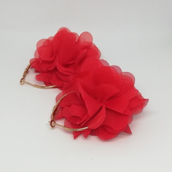 Χρυσοί κρίκοι με κόκκινο λουλούδι από τούλι - λουλούδι, μικρά, faux bijoux, φθηνά - 2