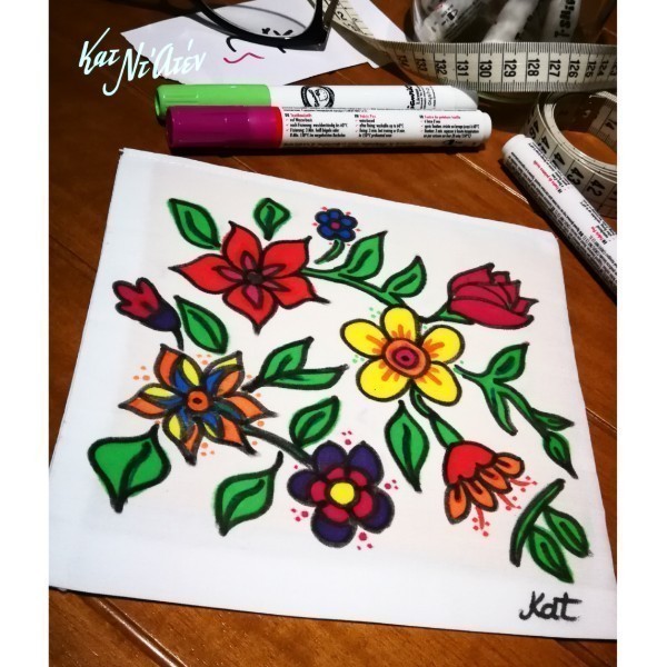 Ζωγραφισμένη στο χέρι μάσκα με λουλούδια βαμβακερή - ζωγραφισμένα στο χέρι, λουλούδια, boho, μάσκες προσώπου - 4