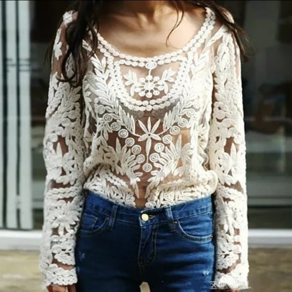 Lace crochet - μπλούζα από δαντέλα - boho, μακρυμάνικες - 3