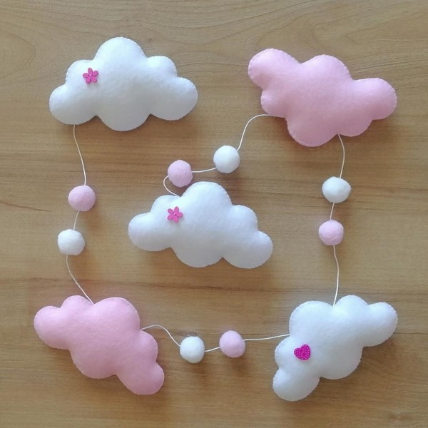 Γιρλάντα σύννεφα ροζ - κορίτσι, γιρλάντες, pom pom - 2