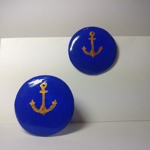 Στρογγυλά blue marine 2.5×2.5εκ. σκουλαρίκια με χρυσή άγκυρα. - μπλε, χρυσό, πηλός, καρφωτά, άγκυρα - 2