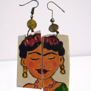 Ζωγραφισμένα στο χέρι σκουλαρίκια Frida Kahlo - πηλός, boho, κρεμαστά, μεγάλα
