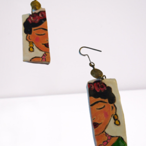 Ζωγραφισμένα στο χέρι σκουλαρίκια Frida Kahlo - πηλός, boho, κρεμαστά, μεγάλα - 4