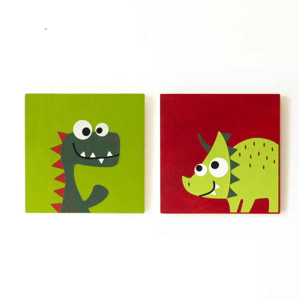 «Δεινόσαυροι» 2 ξύλινοι παιδικοί πίνακες 17,5x17,5 εκ - πίνακες & κάδρα, αγόρι, δώρα για βάπτιση, δεινόσαυρος, δώρο έκπληξη, παιδικά κάδρα