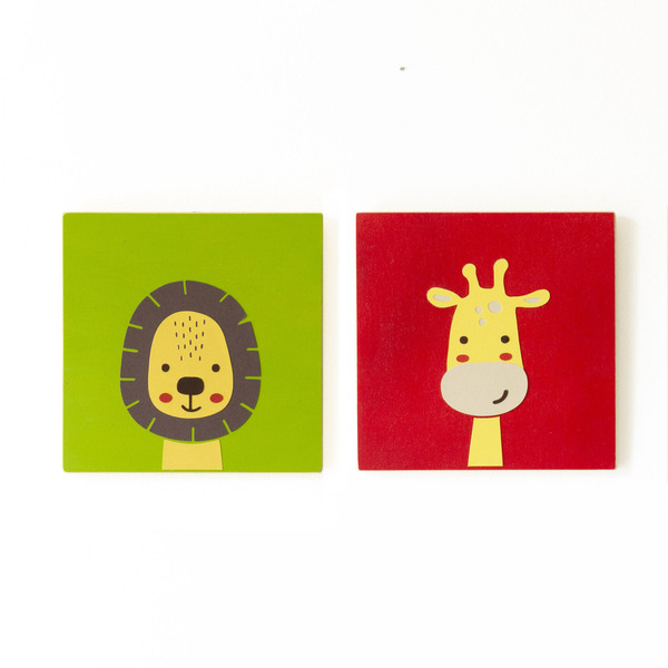 «Λιοντάρι και καμηλοπάρδαλη» Δύο ξύλινοι παιδικοί πίνακες 17,5x17,5 εκ - πίνακες & κάδρα, αγόρι, λιοντάρι, ζωάκια, παιδικά κάδρα