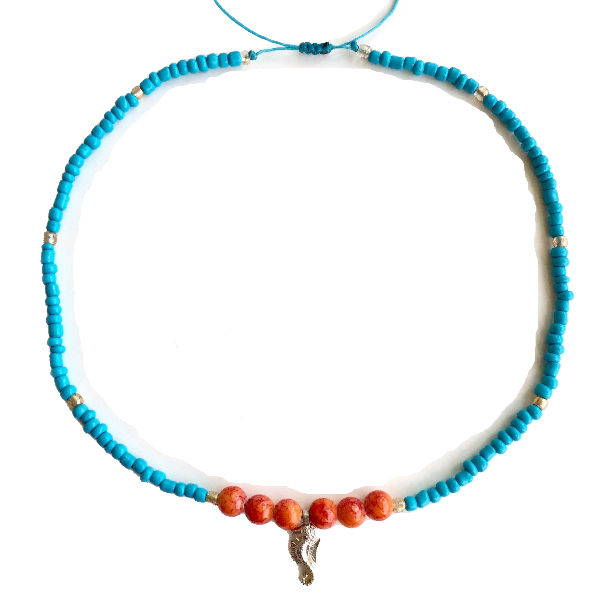 Κολιέ κοντό Coral Reef Ιππόκαμπος κοραλί γαλάζιο - χάντρες, κοντά, seed beads