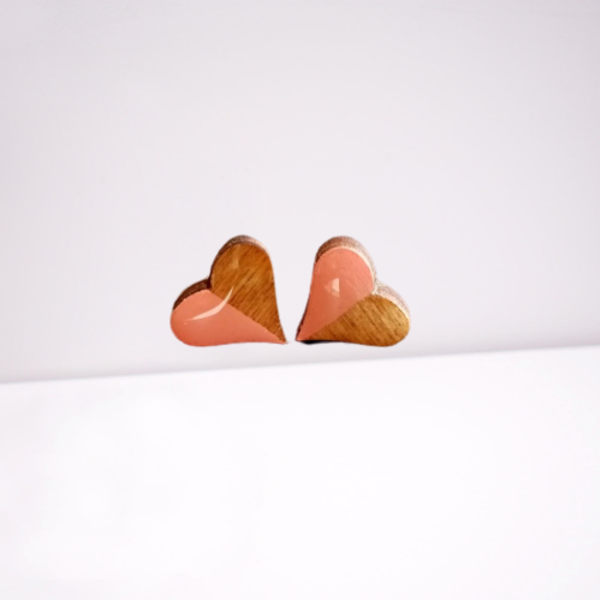 Stud earrings “Mini Hearts”. - ξύλο, γυαλί, ζωγραφισμένα στο χέρι, καρφωτά, καρφάκι - 2