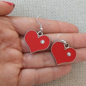 σκουλαρίκια καρδιές κόκκινες μεταλλικά με σμάλτο και στρας - καρδιά, μικρά, κρεμαστά, faux bijoux, φθηνά - 3