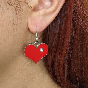 σκουλαρίκια καρδιές κόκκινες μεταλλικά με σμάλτο και στρας - καρδιά, μικρά, κρεμαστά, faux bijoux, φθηνά - 4