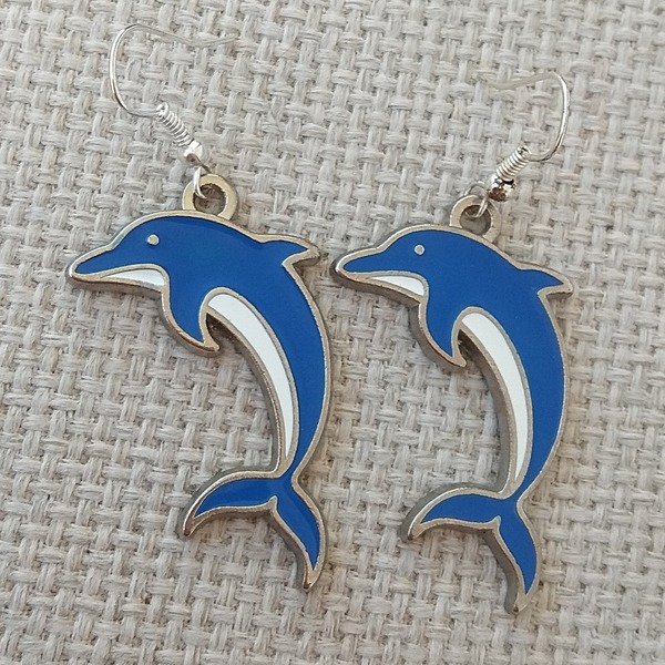 σκουλαρίκια ψάρι δελφίνια μπλε καλοκαίρι - μικρά, μπρούντζος, κρεμαστά, faux bijoux, φθηνά - 2