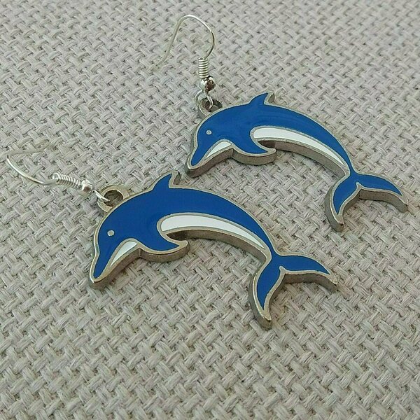 σκουλαρίκια ψάρι δελφίνια μπλε καλοκαίρι - μικρά, μπρούντζος, κρεμαστά, faux bijoux, φθηνά - 3