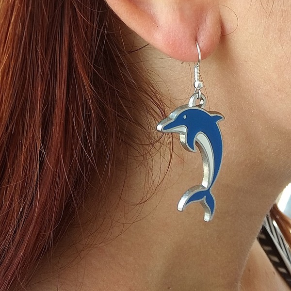 σκουλαρίκια ψάρι δελφίνια μπλε καλοκαίρι - μικρά, μπρούντζος, κρεμαστά, faux bijoux, φθηνά - 5