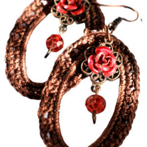 Γυναικεία σκουλαρίκια χειρ - λουλούδι, boho, κρεμαστά, faux bijoux, πλεκτά