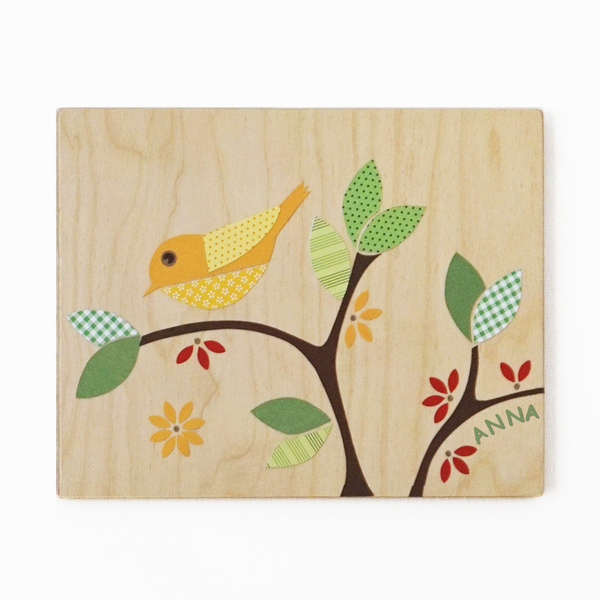 Προσωποποιημένος ξύλινος πίνακας «κίτρινο πουλάκι» 22x 28 εκ - πίνακες & κάδρα, κορίτσι, όνομα - μονόγραμμα, χειροποίητα, personalised, πουλάκι, προσωποποιημένα, παιδικά κάδρα