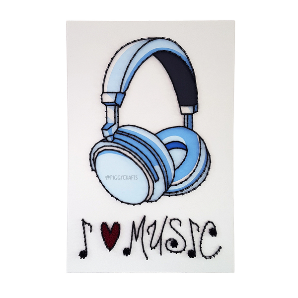 Κάδρο με καρφιά & κλωστές "I Love Music" 45x30cm - πίνακες & κάδρα