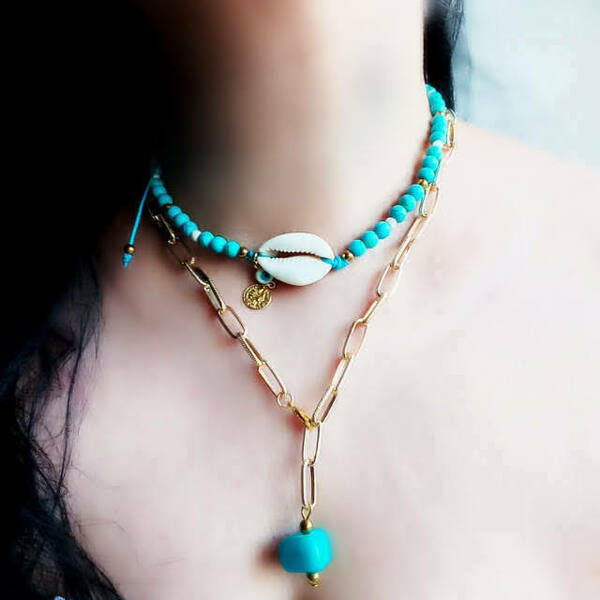Κολιέ Boho turquoise με Κοχύλι - ημιπολύτιμες πέτρες, κοχύλι, boho, αυξομειούμενα, δώρα για γυναίκες, φθηνά - 4
