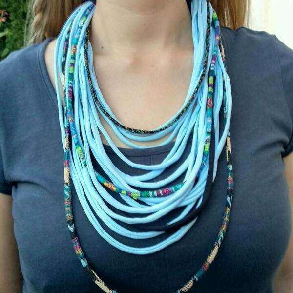 Boho Κολιέ scarf necklace/ υφασμάτινα noodles και κορδόνια - ύφασμα, μακριά - 2