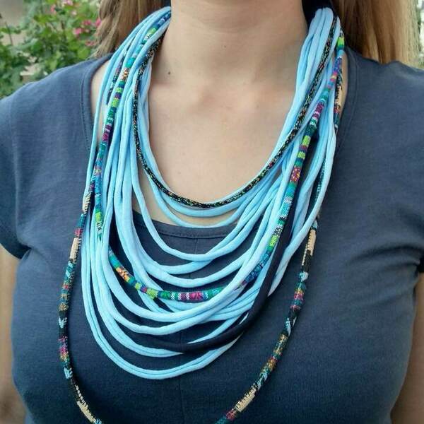 Boho Κολιέ scarf necklace/ υφασμάτινα noodles και κορδόνια - ύφασμα, μακριά - 4