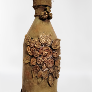 Μπουκάλι διακοσμητικό με λουλούδια απο πηλό - γυαλί, λουλούδια, πηλός, διακοσμητικά μπουκάλια