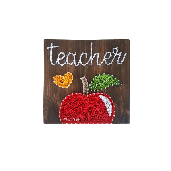 Ξύλινο καδράκι με καρφιά & κλωστές "Teacher" 20x20cm - πίνακες & κάδρα, δώρα για δασκάλες