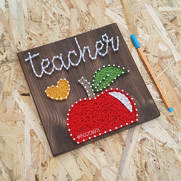 Ξύλινο καδράκι με καρφιά & κλωστές "Teacher" 20x20cm - πίνακες & κάδρα, δώρα για δασκάλες - 3