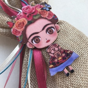 Μπομπονιέρα πουγκί καμβά με ξύλινο μαγνητάκι "Flower girl" (50 τεμάχια) - frida kahlo, βάπτισης, μπομπονιέρα βάφτισης - 2