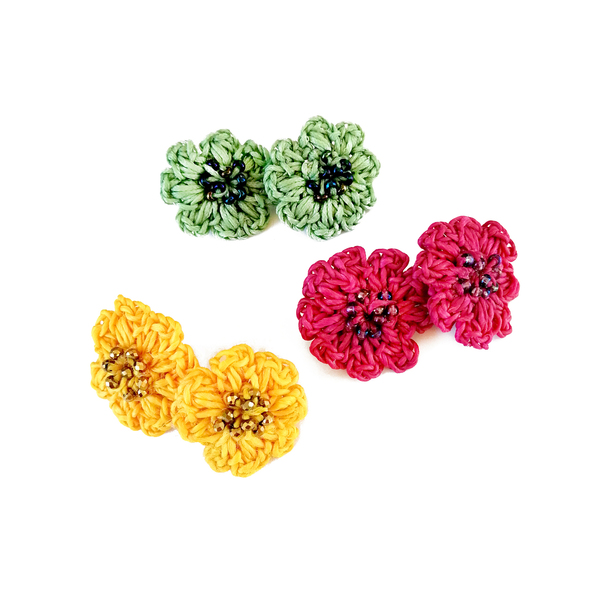Πλεκτά σκουλαρίκια λουλούδι έντονα χρώματα - κερωμένα κορδόνια, λουλούδι, καρφωτά, πλεκτά