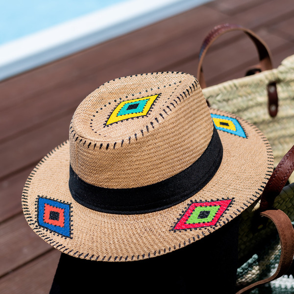 Bahamas σκούρο μπεζ χειροποίητο καπέλο Παναμά boho σχέδια - ψάθινα, boho, ζωγραφισμένα στο χέρι - 3