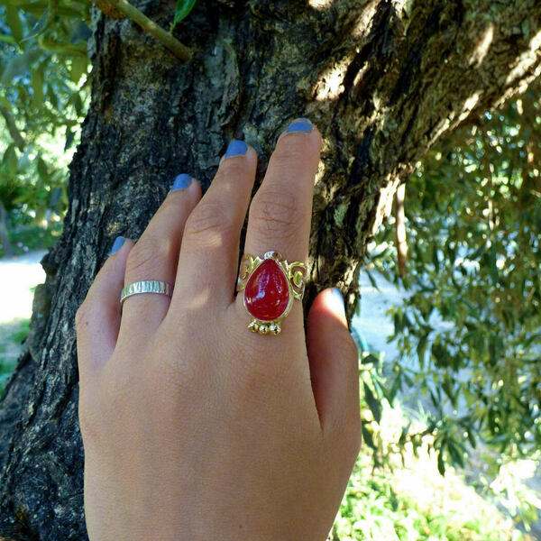 " Magic Jade " - Χειροποίητο επίχρυσο δαχτυλίδι με κόκκινο Ιαδεΐτη. - ημιπολύτιμες πέτρες, επιχρυσωμένα, νεφρίτης, boho, boho, αυξομειούμενα - 4