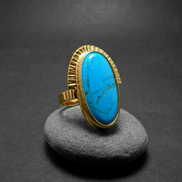 " Blue Howlite " - Χειροποίητο επίχρυσο δαχτυλίδι με Μπλε Χαολίτη! - ημιπολύτιμες πέτρες, επιχρυσωμένα, χαολίτης, boho, boho, μεγάλα, αυξομειούμενα, φθηνά - 2