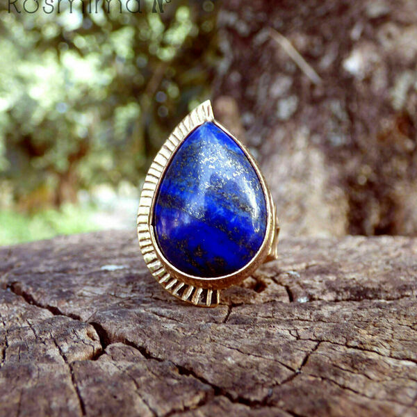 "Μagic lapis dropa" - Χειροποίητο δαχτυλίδι, επίχρυσο, με ημιπολύτιμο λίθο Lapis Lazuli σε σχήμα δάκρυ! - ημιπολύτιμες πέτρες, επιχρυσωμένα, φεγγάρι, boho, boho, μεγάλα, αυξομειούμενα, φθηνά - 5