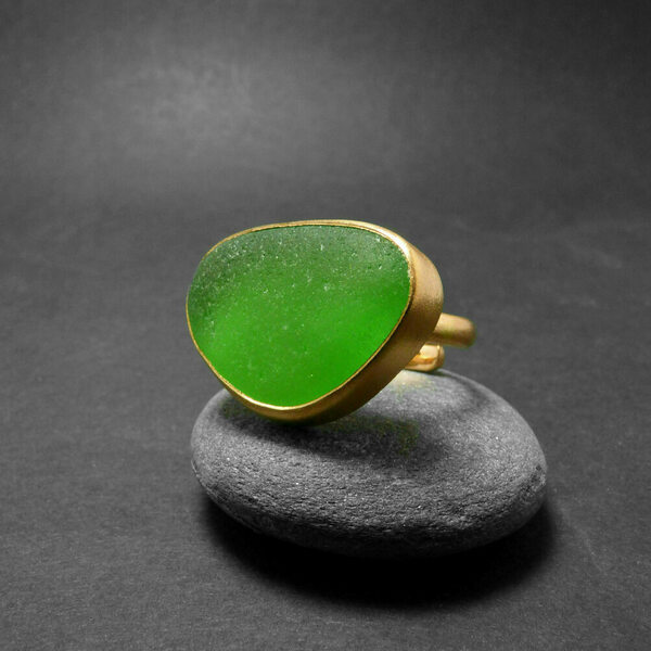 " Golden Seaglass ring" - Xειροποίητο επίχρυσο 18κ ματ δαχτυλίδι με γυαλάκι της θάλασσας! - ημιπολύτιμες πέτρες, επιχρυσωμένα, boho, boho, αυξομειούμενα, φθηνά - 2