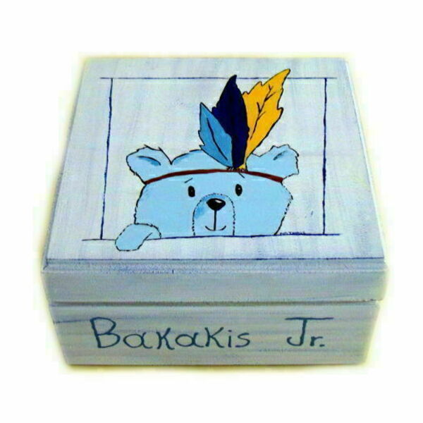 Χειροποίητο κουτί αρκουδάκι γαλάζιο ζωγραφισμένο στο χέρι με όνομα και αφιέρωση - ξύλο, οργάνωση & αποθήκευση, κουτιά αποθήκευσης