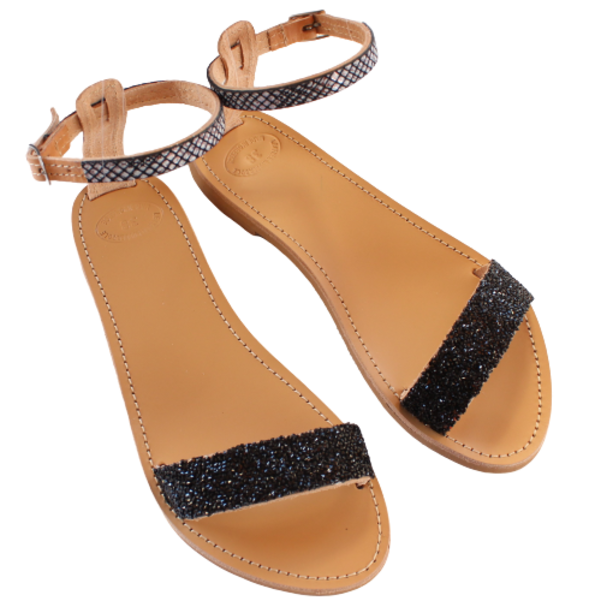 Χειροποίητα γυναικεία σανδάλια με μαύρους λίθους - δέρμα, πέτρες, μαύρα, φλατ, ankle strap