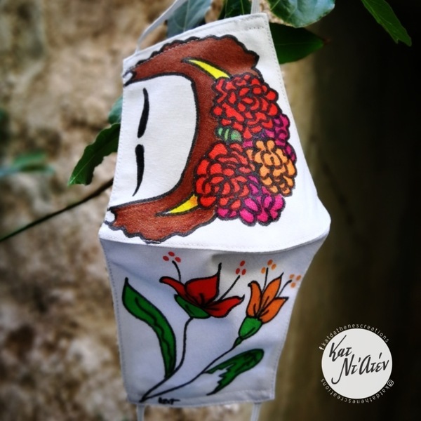 Ζωγραφισμένη μάσκα ΦΡΙΝΤΟΥΛΑ ΙΒΙΣΚΟΙ - frida - ύφασμα, βαμβάκι, λουλούδια, μάσκες προσώπου - 3