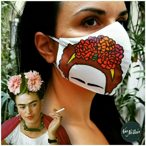 Ζωγραφισμένη μάσκα ΦΡΙΝΤΟΥΛΑ ΙΒΙΣΚΟΙ - frida - ύφασμα, βαμβάκι, λουλούδια, μάσκες προσώπου - 2