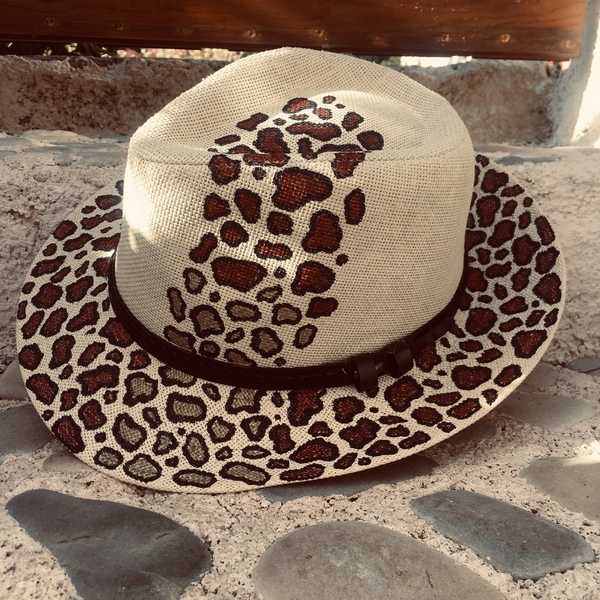 Ψάθινο καπέλο animal print - Leopard - ζωγραφισμένα στο χέρι, boho, καπέλα, ψάθινα - 4