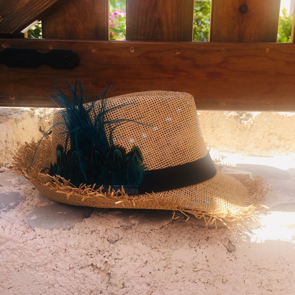 Feather - ψάθινο καπέλο με διακοσμητικά φτερα - ζωγραφισμένα στο χέρι, φτερό, ψάθα, καπέλα, ψάθινα - 3