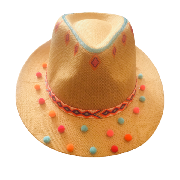 Bohemian- ψάθινο καπέλο με πον-πον - ζωγραφισμένα στο χέρι, ψάθα, boho, καπέλα, ψάθινα