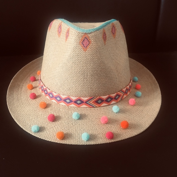 Bohemian- ψάθινο καπέλο με πον-πον - ζωγραφισμένα στο χέρι, ψάθα, boho, καπέλα, ψάθινα - 3