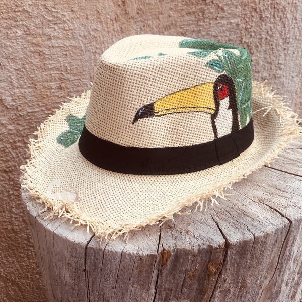 Toucan ||- ψάθινο καπέλο - ζωγραφισμένα στο χέρι, ψάθα, καπέλα, ψάθινα - 3